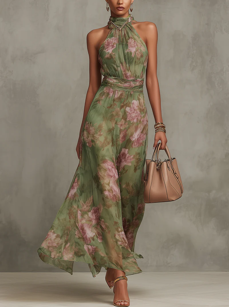 Damska Sukienka Halter w Kwiaty Zielony | Maxi