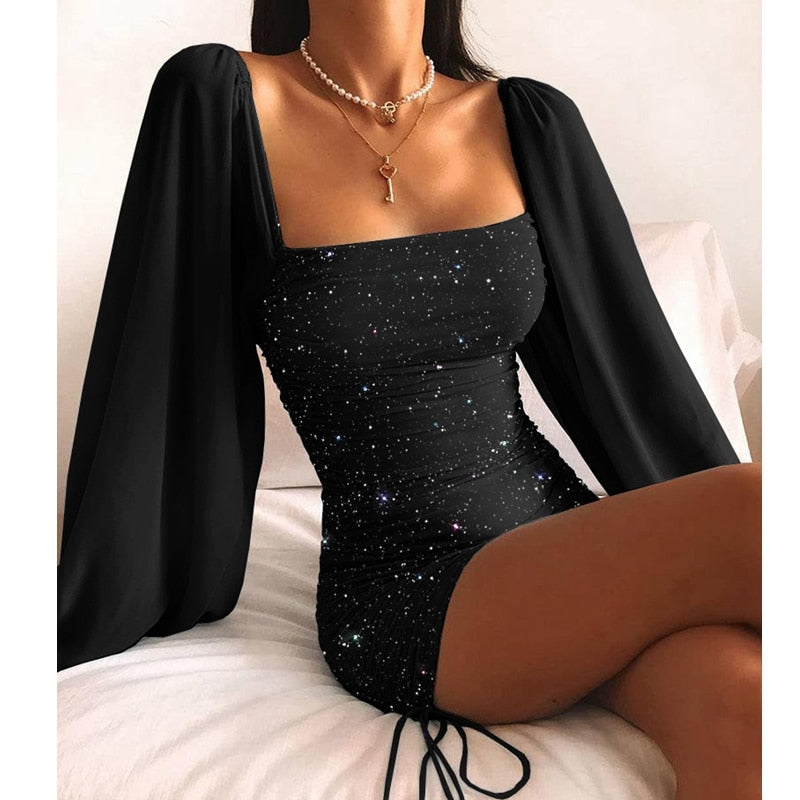 Women's Sequin Mini Dress For New Year's Eve | Puff Sleeves