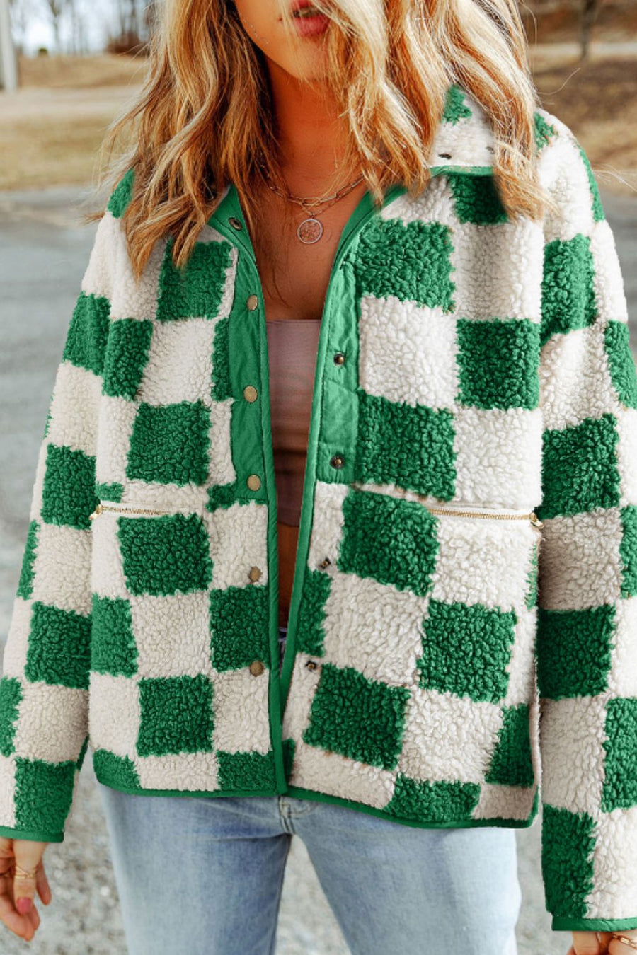 Damska Jesienna Kurtka W Kratę | Oversize Sherpa