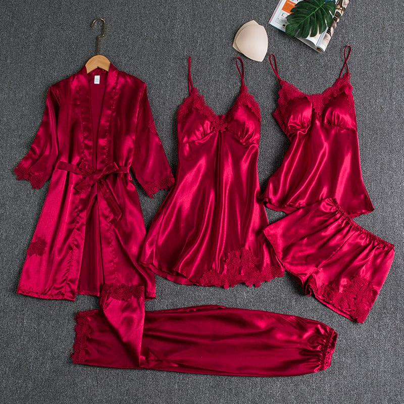 Women's Lace Nightdress with Dressing Gown – Red