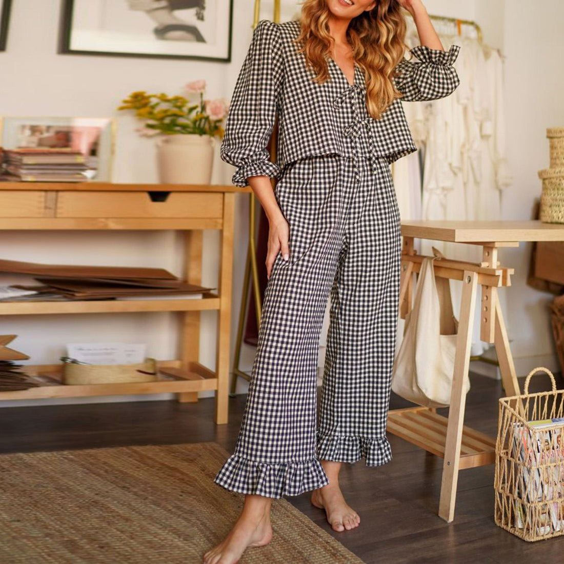 Women's Gingham Pyjama Set | Puff Sleeves