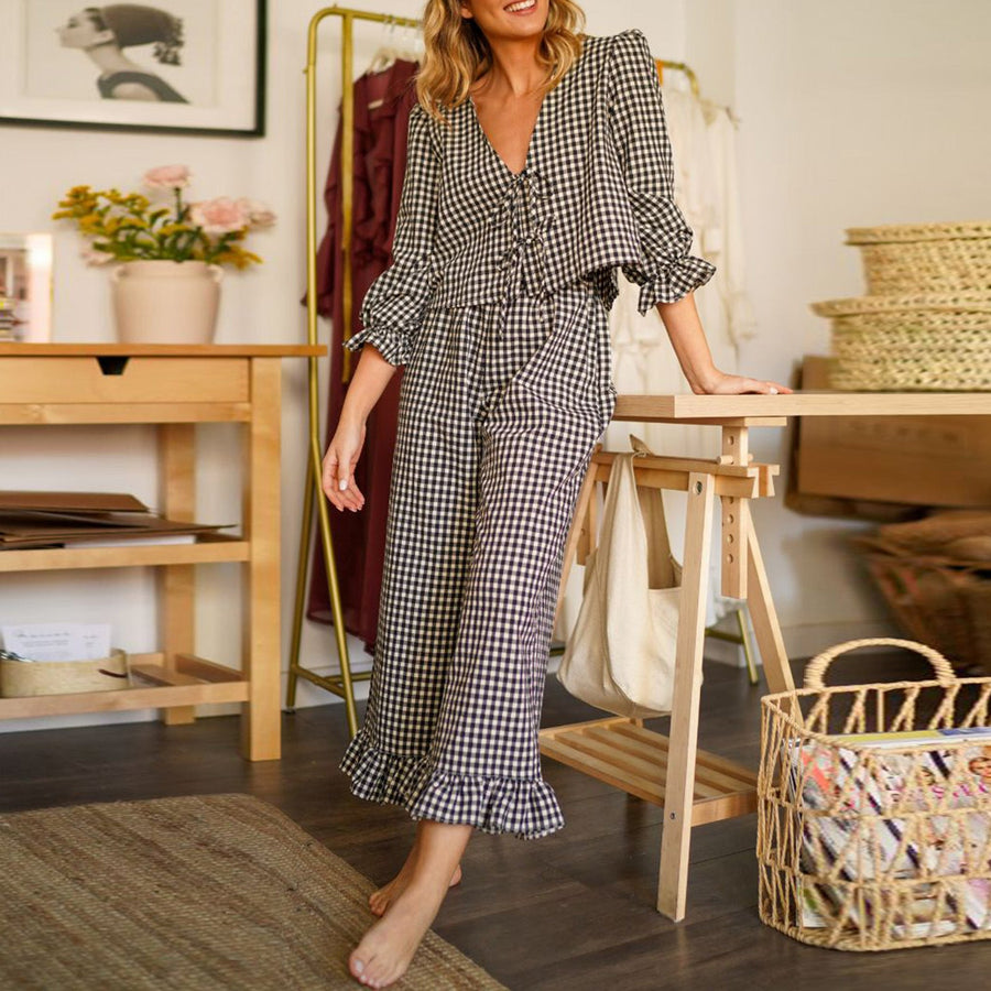 Women's Gingham Pyjama Set | Puff Sleeves