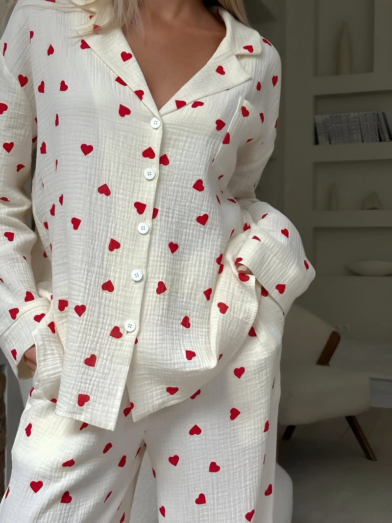 Women's Heart Print Pyjamas with Long Sleeves – White with Hearts