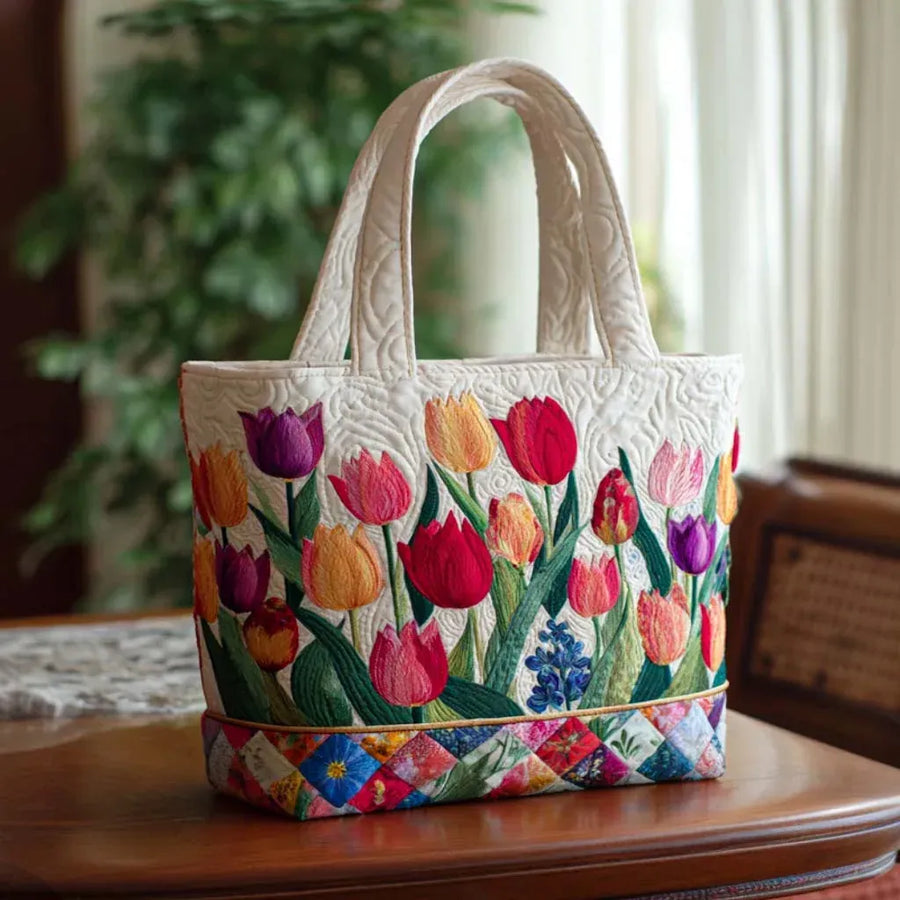 Damska Pikowana Torba Shopper Z Haftem Kwiatowym | Patchwork