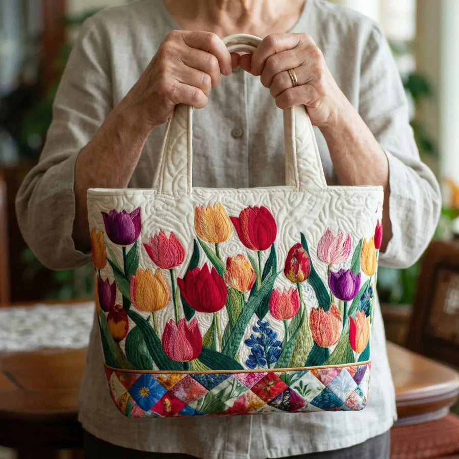 Damska Pikowana Torba Shopper Z Haftem Kwiatowym | Patchwork