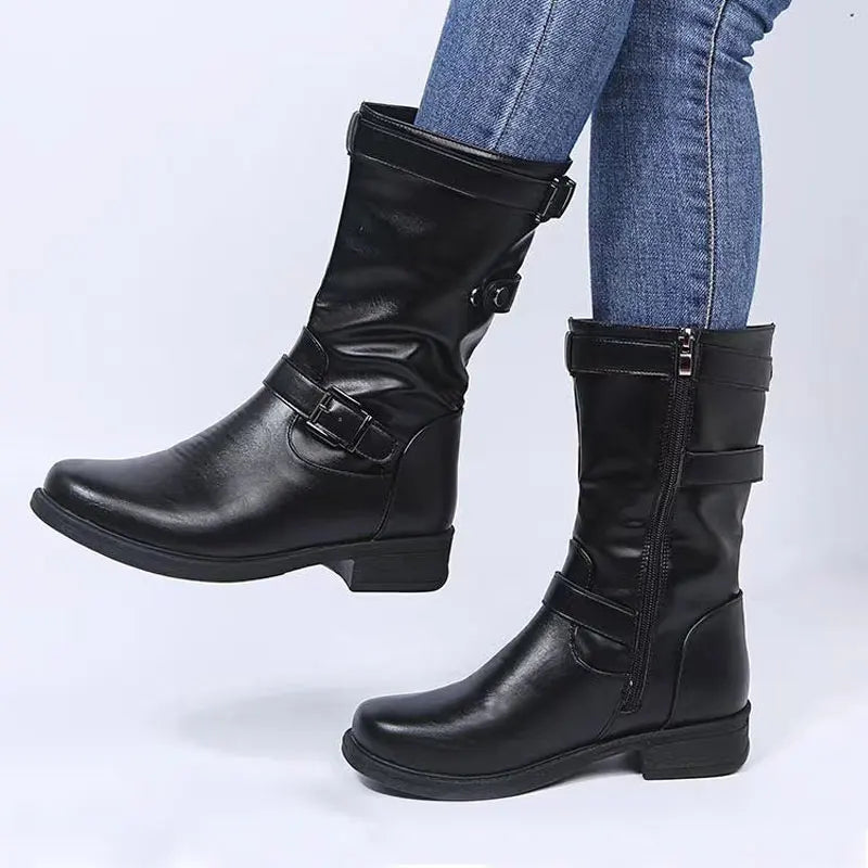 Women's Biker Boots With Buckles | Mid-Calf