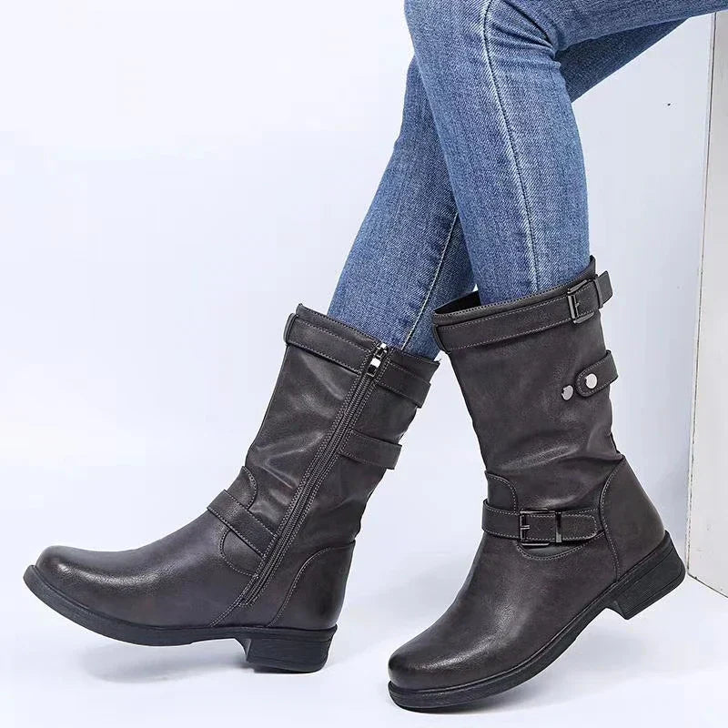 Women's Biker Boots With Buckles | Mid-Calf