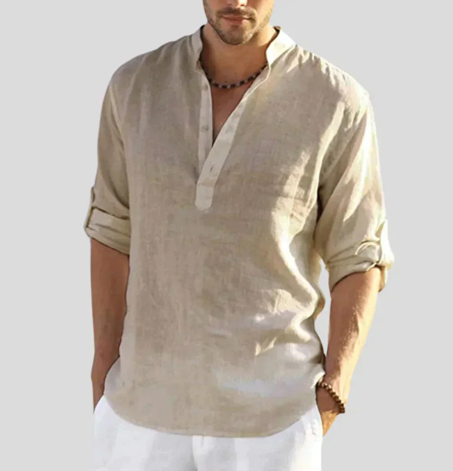 Men's Henley Shirt with Stand Collar | Long Sleeve