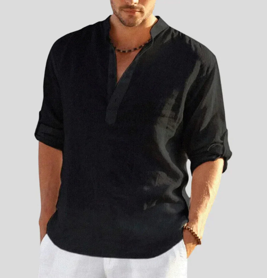 Men's Henley Shirt with Stand Collar | Long Sleeve
