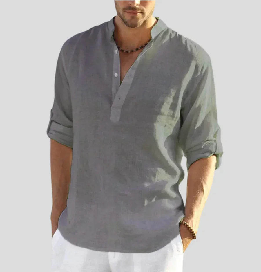 Men's Henley Shirt with Stand Collar | Long Sleeve