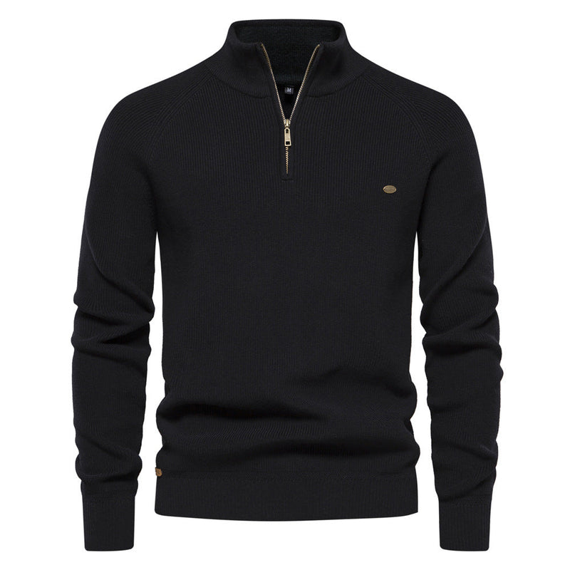 Męski elegancki sweter ze stójką i zamkiem – Czarny