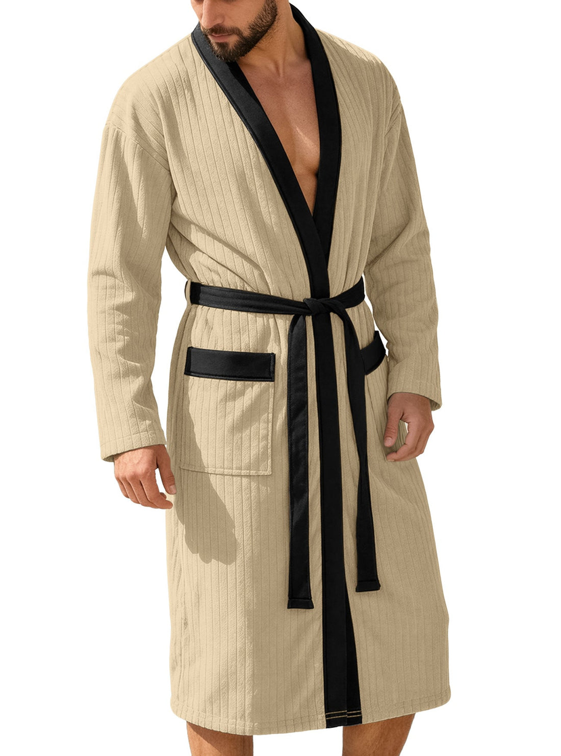 Męski Szlafrok Kimono Z Paskiem | Prążkowany Z Kieszeniami