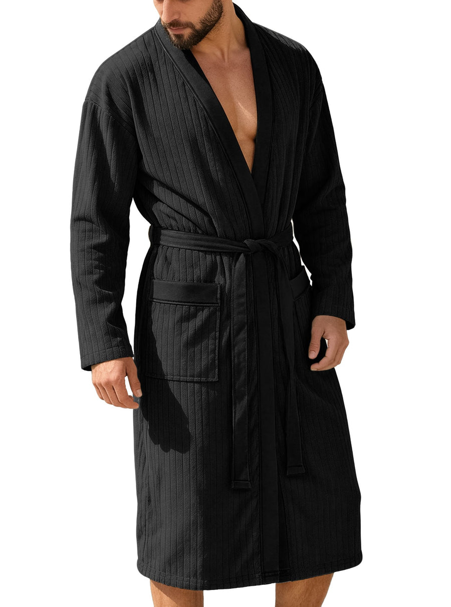 Męski Szlafrok Kimono Z Paskiem | Prążkowany Z Kieszeniami