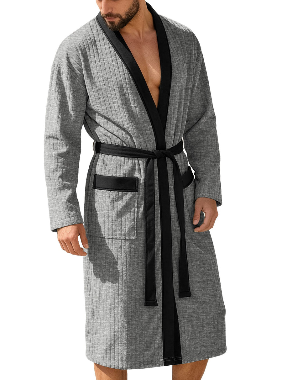 Męski Szlafrok Kimono Z Paskiem | Prążkowany Z Kieszeniami