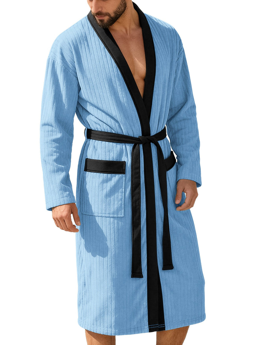 Męski Szlafrok Kimono Z Paskiem | Prążkowany Z Kieszeniami
