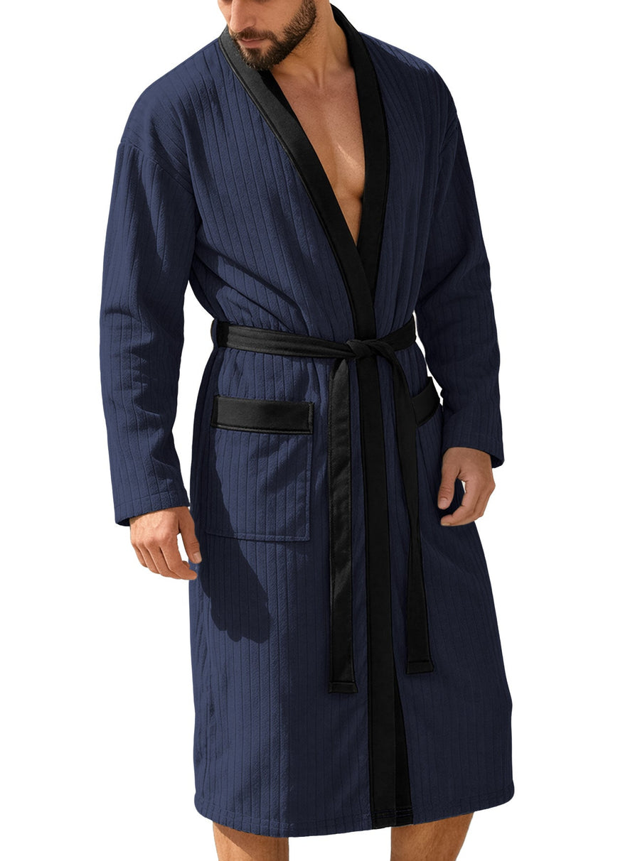 Męski Szlafrok Kimono Z Paskiem | Prążkowany Z Kieszeniami