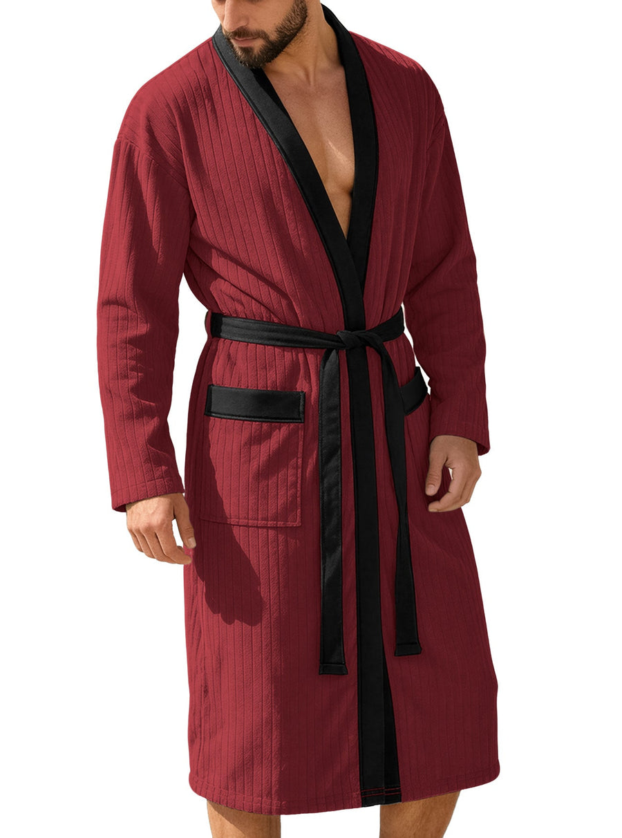 Męski Szlafrok Kimono Z Paskiem | Prążkowany Z Kieszeniami