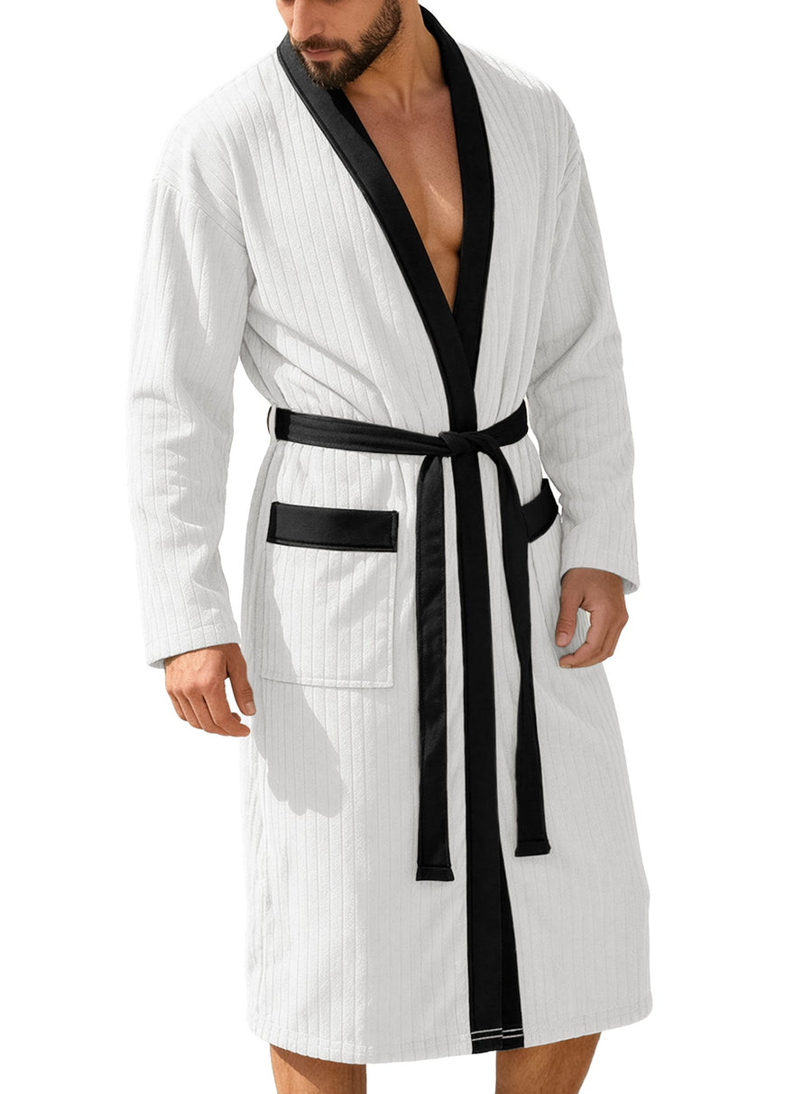 Męski Szlafrok Kimono Z Paskiem | Prążkowany Z Kieszeniami