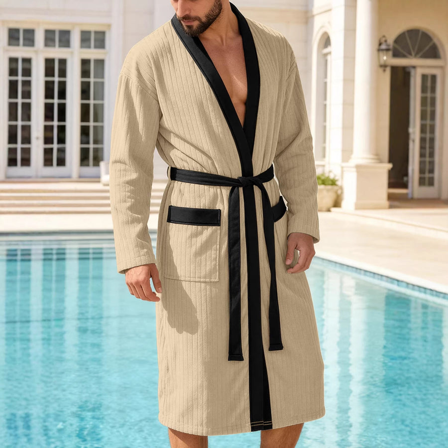 Męski Szlafrok Kimono Z Paskiem | Prążkowany Z Kieszeniami