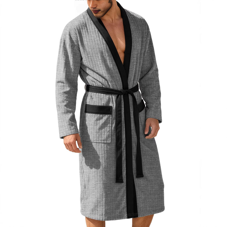 Męski Szlafrok Kimono Z Paskiem | Prążkowany Z Kieszeniami